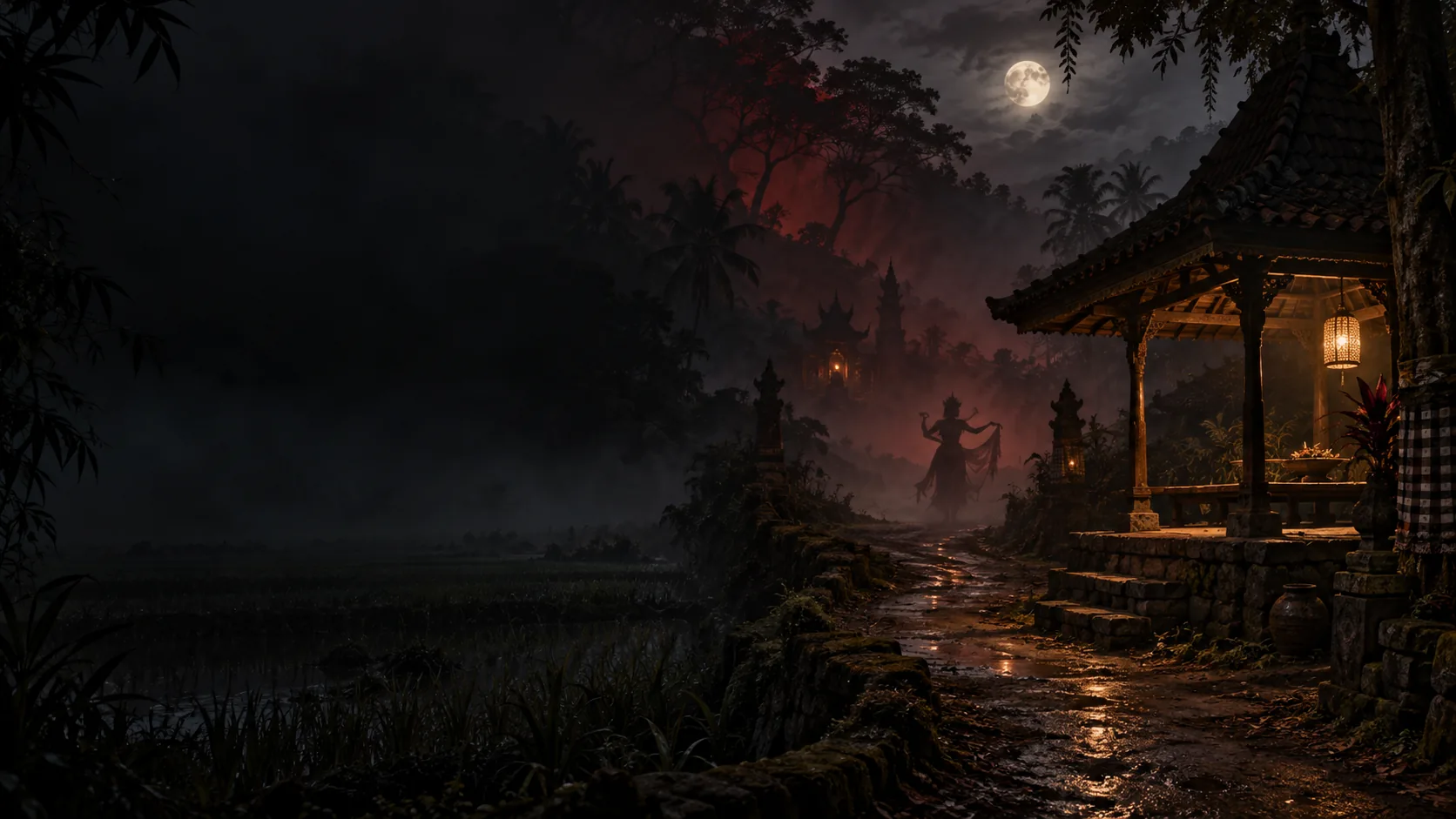 Ilustrasi atmosfer desa malam yang terinspirasi tema KKN di Desa Penari, bukan dokumentasi lokasi asli