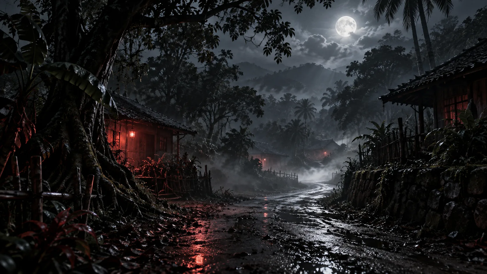 Ilustrasi jalan desa malam dan hutan berkabut, bukan foto lokasi asli