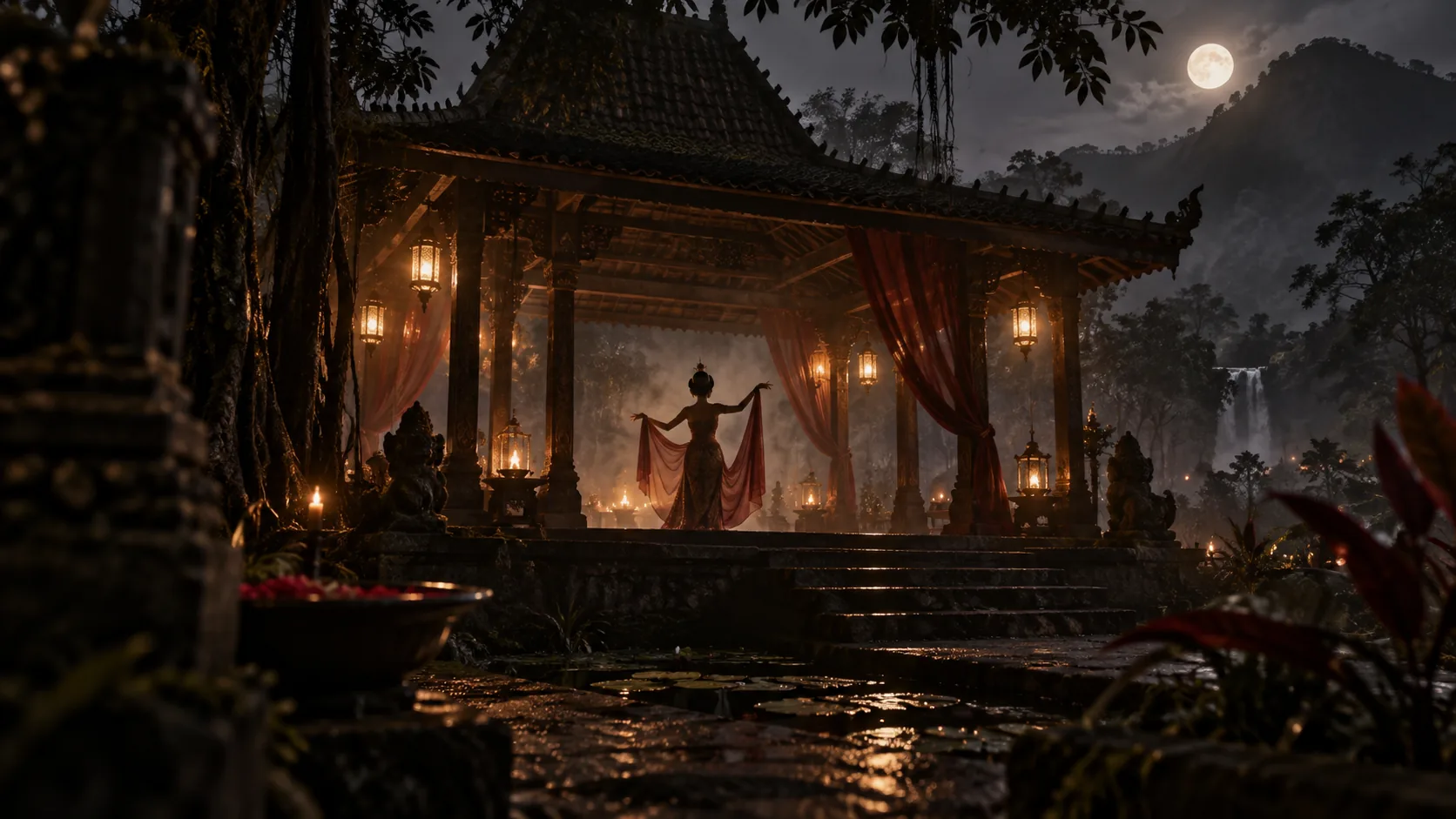 Ilustrasi pendopo malam dan siluet penari, bukan cuplikan film